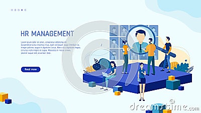 HR management page concept. Businessmen are looking for an employee. Open vacancy. Discussion of the applicant. Interview. Human Vector Illustration