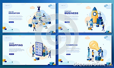 Set of web page concepts. Online education. Startup business. Online shopping. Coworking. Vector Illustration