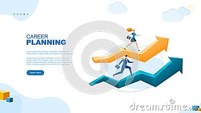 Career planning page concept. Businessmans runs forward on an arrows. Motivation. Goal achievment. Way up. Vector Illustration