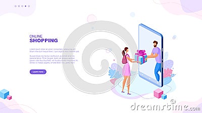 Online shopping page concept. Girl receives a gift from a smartphone. Template for your design works. Vector graphics. Vector Illustration