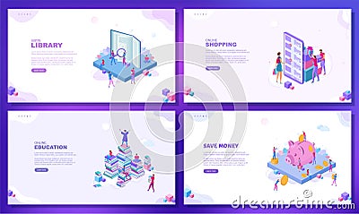 Set of web page concepts. Online shopping. Online education. Web library. Save money. Vector Illustration