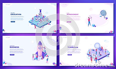 Set of web page concepts. Online education. Goal achievement. Startup business. Successful teamwork. Vector Illustration