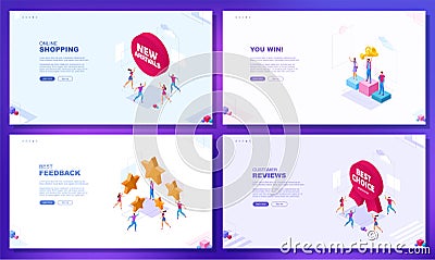 Set of web page concepts. Online shopping. Customer reviews. Best feedback. You win. Vector Illustration