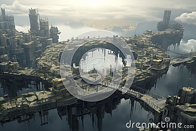 Absurd postapocalyptic cityscape with floating Stock Photo