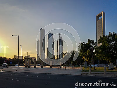 Abu Dhabi city streets, beautiful view of famous Etihad towers at sunset Editorial Stock Photo