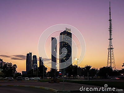 Abu Dhabi city streets, beautiful view of famous Etihad towers at sunset Editorial Stock Photo