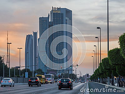 Abu Dhabi City, Etihad Tower, Nation Tower and Adnoc Headquarter against mody sky Editorial Stock Photo