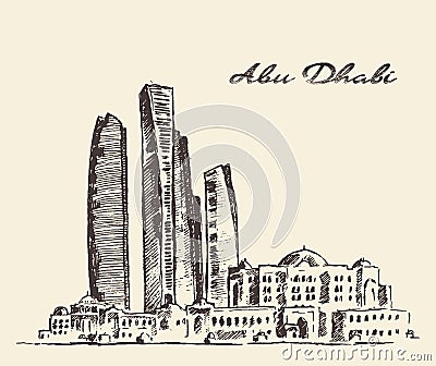 Abu Dhabi skyline vintage illustration hand drawn Cartoon Illustration