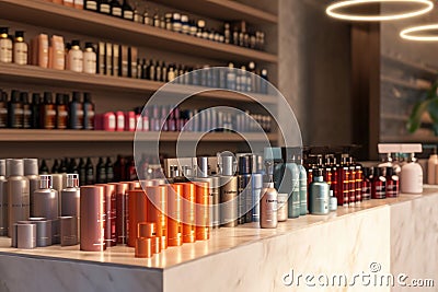 Abundance of Bottles on a Counter, A Captivating Display of Beverages, A digital rendering of Varied hair styling products on a Stock Photo
