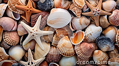 Abundance of Seashells on the Seafloor: a Close-up of Marine Life and Seafood Variations Stock Photo