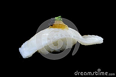 Aburi Engawa Sushi, torched flatfish on rice topping with Spring onion and minced daikon and caviar. Japanese tradition cuisine Stock Photo