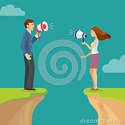 Abyss, gap concept with man and woman shouting trying to sort out relations. Vector colorful illustration in flat style. Vector Illustration