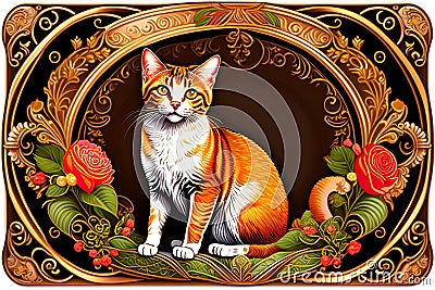 abyssinian cat with classical floral elements emanating from center of face, woodcutting template, decorative design, classical Stock Photo