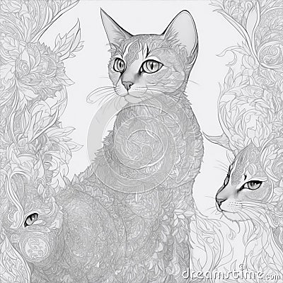 Abyssinian cat mandala white background, clean line art Stock Photo