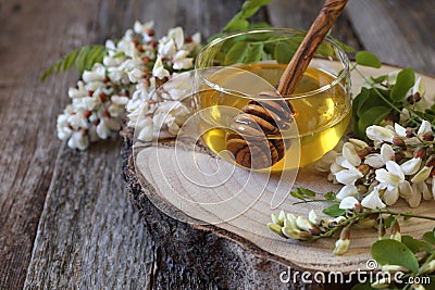 Acacia honey and flowering acacia Stock Photo