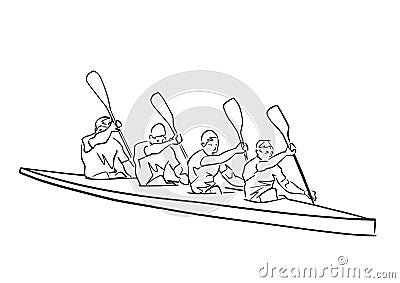 Academic canoe rowing. Team of four male rowers. Vector Illustration