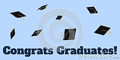 Academic cups thrown at the sky inscription Congrats Graduates Vector flat illustration Vector Illustration