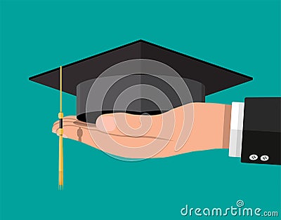 Academic graduation cap in hand. Student hat Vector Illustration
