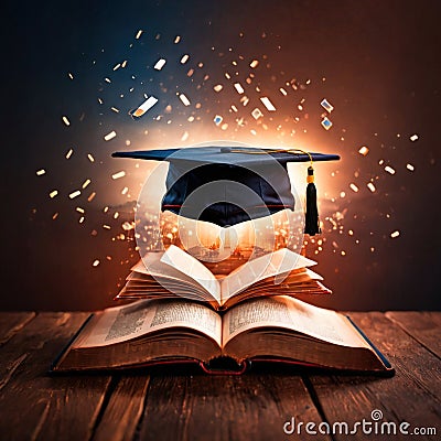 Academic learning concept digital collage illustration with graduate cap and open book Cartoon Illustration