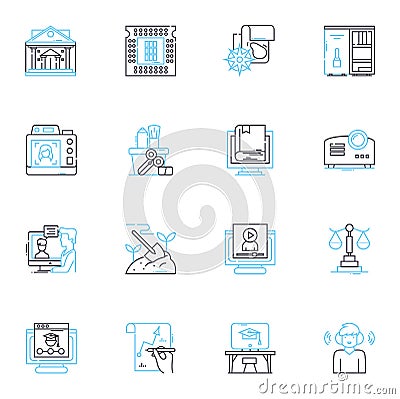 Academic pursuit linear icons set. Learning, Education, Research, Scholarship, Study, Curriculum, Instruction line Vector Illustration