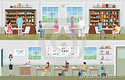 Academic students at the library and teacher with pupils in the Vector Illustration