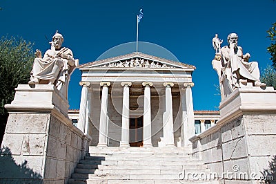 Academy of Athens with Plato and Socrates monument. Stock Photo