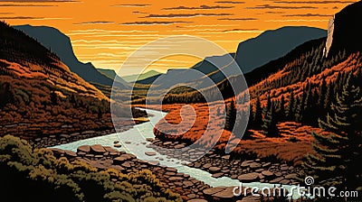 Acadia National Park Valley Postcard: Tim Doyle Style Illustration Stock Photo
