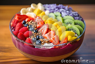 Acai bowl with strawberry, banana, blueberries, kiwi, mango and granola on wooden table. Nourishing breakfast full of vitamins, Stock Photo