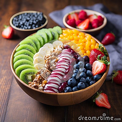 Acai bowl on wooden table close up Stock Photo