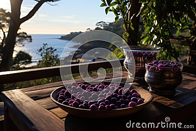 Acai acai on the porch with net and panoramic views for the ocean, total tranquility., generative IA Stock Photo