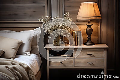Accent bedside cabinet near bed against wood paneling wall. AI generate Stock Photo