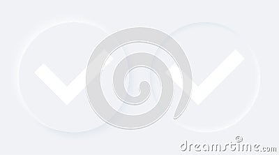 Accept aprove icon. Neumorphic 3d soft effect white circle button. Check mark symbol. Checkmark yes ok confirm sign Vector Illustration