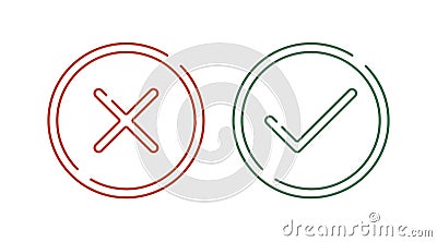Accept aprove and reject icons. Outline circle button. Check tick cross mark symbol. Checkmark yes ok confirm wrong sign Vector Illustration