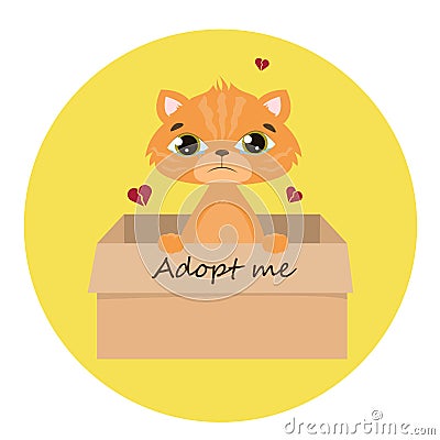 Accept me. Vector ginger cat inside an open cardboard box. Ready for a hug. The mongrel kitten is crying alone. Adopting Vector Illustration