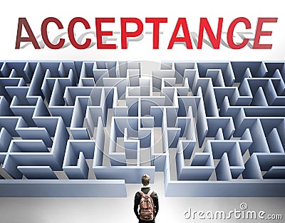 Acceptance can be hard to get - pictured as a word Acceptance and a maze to symbolize that there is a long and difficult path to Cartoon Illustration