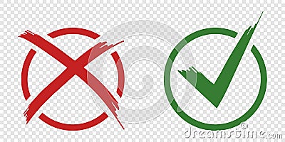 Acceptance and rejection symbol vector buttons for vote, election choice. Circle brush stroke borders. Symbolic OK and X icon isol Stock Photo