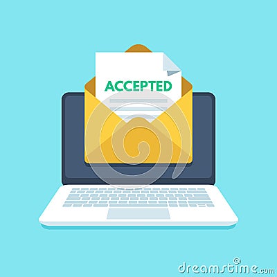 Accepted email in envelope. College acceptance success or university admission letter. Mail in laptop inbox vector Vector Illustration