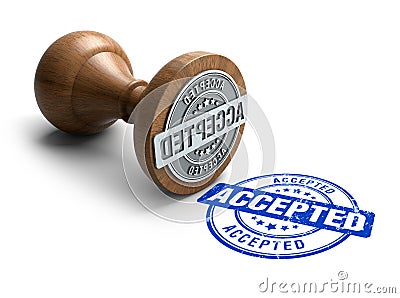 Accepted stamp. Wooden round stamper and stamp with text Accepted on white background. 3d illustration. rubber stamp. Cartoon Illustration