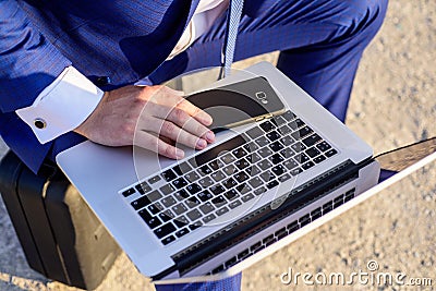 Access to data base. Search information online. Change settings of search. Looking for information online. Male hands Stock Photo