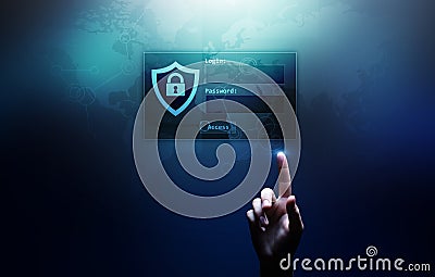 Access window with login and password on virtual screen. Cyber security and personal data protection concept. Stock Photo