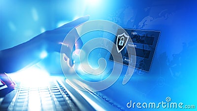 Access window with login and password on virtual screen. Cyber security and personal data protection concept. Stock Photo