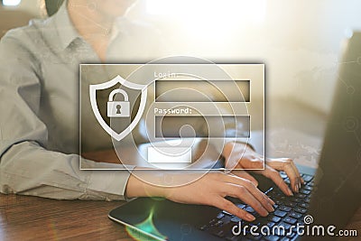 Access windows with login and password. Cybersecurity and data protection concept on virtual screen. Stock Photo