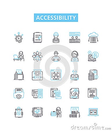 Accessibility vector line icons set. Accessible, Ease, Mobility, Aids, Adaptability, Permeability, Usability Cartoon Illustration