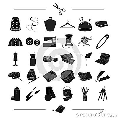 Accessories, atelier, repair and other web icon in black style. tools, technique, textiles, icons in set collection. Vector Illustration