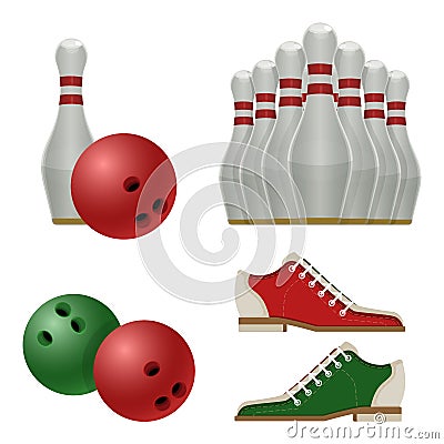 Accessories for bowling play, balls, pins or skittles, shoes Vector Illustration