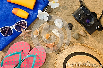 Accessories custume for summer on sand floor. Stock Photo