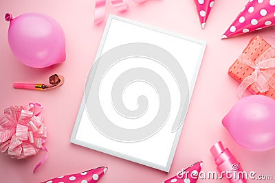 Accessories for girls on a pink background. Invitation, birthday, girlhood party, baby shower concept, celebration. With frame for Stock Photo