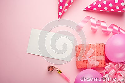 Accessories for girls on a pink background. Invitation, birthday, girlhood party, baby shower concept, celebration. With frame for Stock Photo