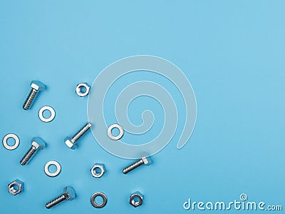 Accessories for mechanical fixing on a blue background Stock Photo