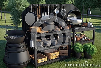 accessories for outdoor cooking in form of pots and pans on backyard grill Stock Photo